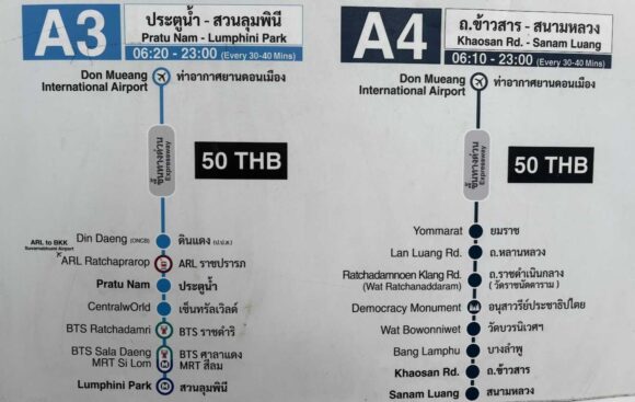 ドンムアン空港発エアポートバス(BMTAバス)のルート(A1-A4)
